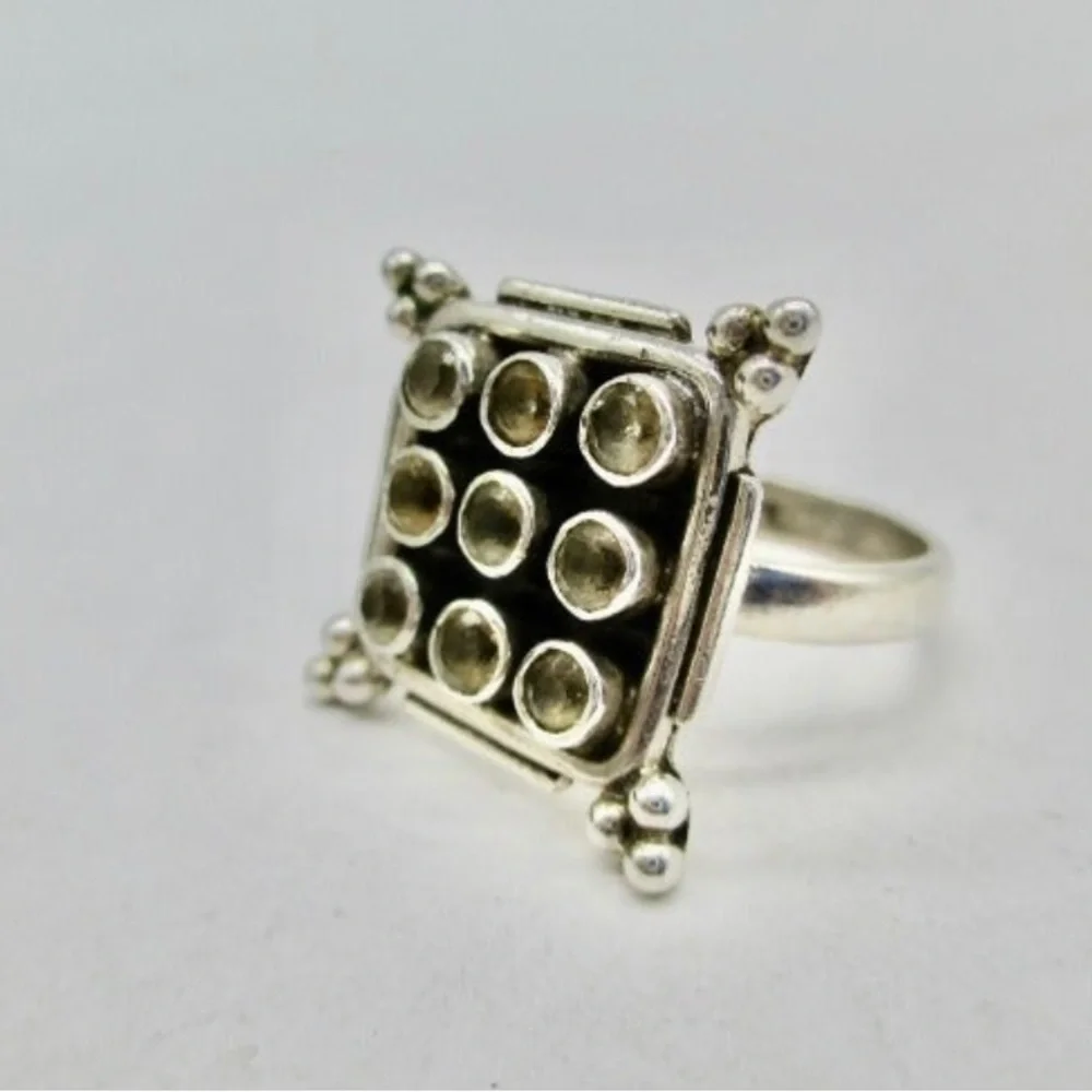 EUC Art Deco Square Designed 9 Stone Yellow Citrine 925 Silver Ring sz 8
